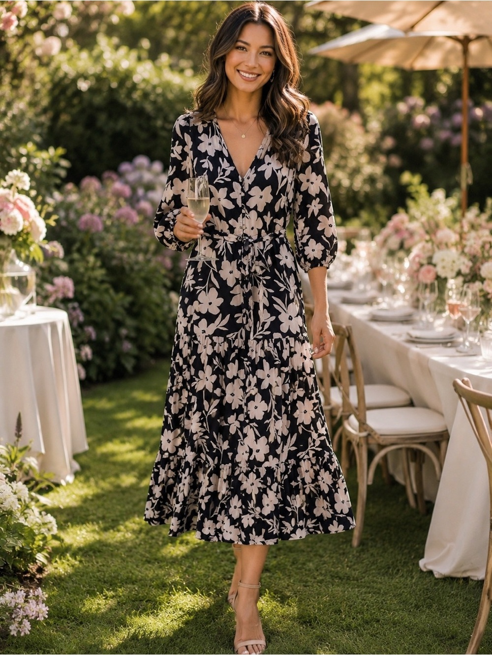Petal & Pup Black Floral Tiered Maxi Dress, size Medium